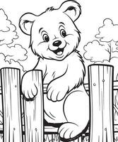 Playful Bear Cub Sitting on a Wooden Fence in a Forest Setting vector
