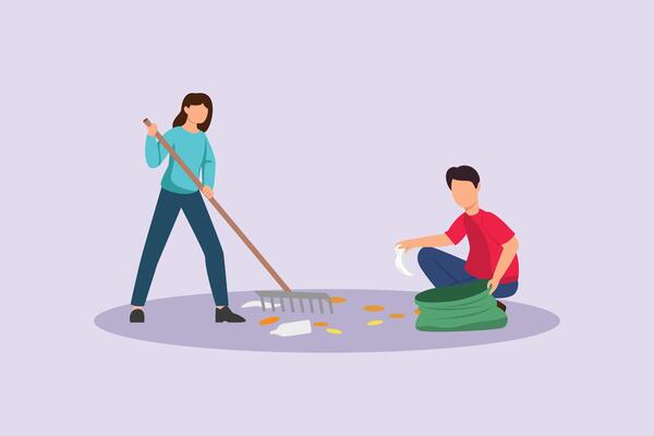 Neighbors sharing, cleaning the yard. Neighbors sharing Concept. Colored flat illustration isolated