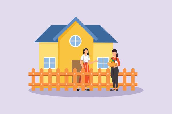 Neighbors sharing, cleaning the yard. Neighbors sharing Concept. Colored flat illustration