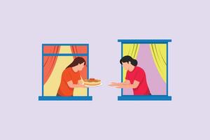 Neighbors sharing, concept of giving help through the window. Neighbors sharing Concept. Colored flat illustration isolated vector