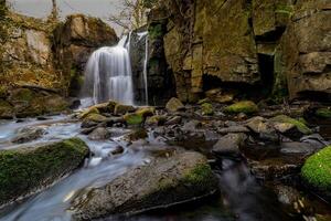 Waterfall cascading over mossy rocks in a peaceful forest photo