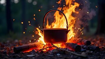 Boiling Water in a Kettle over an Open Campfire photo