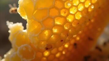 Golden Honeycomb with Bee in Flight photo
