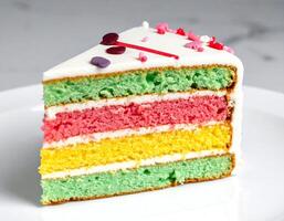 Slice of colorful rainbow cake showing layers on white plate photo