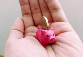 Hand holding a tiny pink piggy bank with a coin. Concept for savings, investment, and financial growth. Macro shot. Suitable for finance or personal budget themes. photo