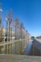 Serene outdoor scene featuring numerous flags reflected in a tranquil water feature. Perfect for themes of international cooperation, global events, or peaceful gatherings. photo
