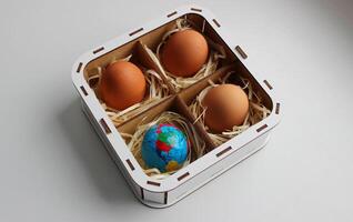 Three eggs and a small globe lie in compartments lined with soft shavings. Food import and delivery theme stock image photo