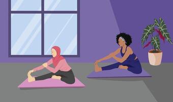 Hijabi and Afro Girl Practicing Mindfulness Yoga Head to Knee Forward Bend Pose Janu Sirsasana for Flexibility and Calmness vector