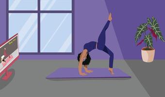 Afro Girl Practicing Virtual Mindfulness Yoga in One-Legged Upward Wheel Pose for Flexibility and Strength vector