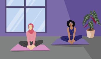 Hijabi and Afro Girl Practicing Mindful Yoga Cross-Legged Forward Fold Holding Toes Pose for Flexibility and Balance vector
