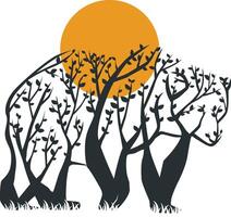 Character illustration silhouette of bear tree and moon isolated in a white background vector
