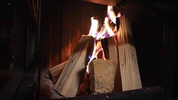 A close up view of wooden logs burning in a fireplace. Vibrant flames flicker dynamically, creating a warm and tranquil indoor ambiance. video