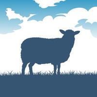 Silhouette of a sheep standing in a field with clouds vector