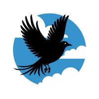 Black silhouette of a bird flying against a blue sky with clouds vector