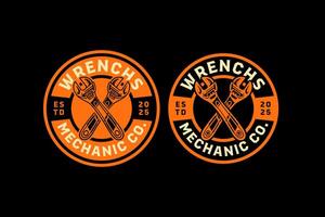 wrench, adjustable wrench, monkey wrench crossed retro vintage badge logo design collection set for mechanic, craftsman, handyman, garage, workshop, engineer, industrial vector