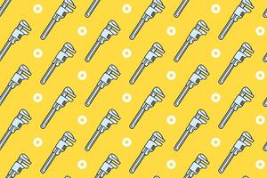pipe wrench with nut colorful pattern on yellow background. doodle adjustable wrench with fastener seamless pattern background. wrench seamless pattern for industrial, workshop merchandise vector
