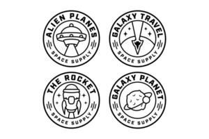 alien plane, ufo, rocket space, spaceship launcher, galaxy, planet with orbit outline modern illustration badge logo design set for astronautic, science, galaxy, space, adventure, kids merchandise vector