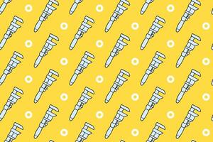 agricultural wrench with nut colorful pattern on yellow background. doodle adjustable wrench with fastener seamless pattern background. wrench seamless pattern for industrial, workshop merchandise vector