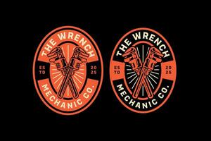 pipe wrench, adjustable wrench, monkey wrench crossed retro vintage badge logo design collection set for mechanic, craftsman, handyman, garage, workshop, engineer, industrial vector