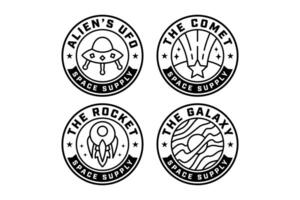 alien spaceship, ufo, rocket launcher, star meteor, galaxy, orbit, planet outline modern illustration badge logo design set for astronautic, science, galaxy, space, adventure, kids merchandise vector
