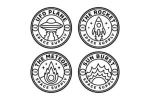 ufo plane with laser, rocket spaceship launcher, meteor, comet, sun burst space outline modern illustration badge logo design set for astronautic, science, galaxy, space, adventure, kids merchandise vector