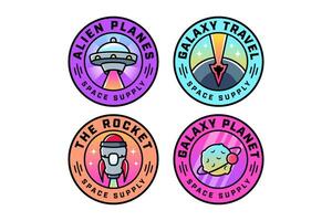 alien plane, ufo, rocket space, spaceship launcher, galaxy, planet with orbit colorful modern illustration badge logo design set for astronautic, science, galaxy, space, adventure, kids merchandise vector