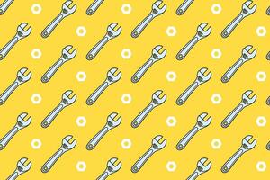 adjustable wrench with nut colorful pattern on yellow background. doodle monkey wrench with fastener symbol seamless pattern background. wrench seamless pattern for industrial, workshop merchandise vector