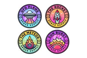 ufo plane with laser, rocket spaceship launcher, meteor, comet, sun burst space colorful modern illustration badge logo design set for astronautic, science, galaxy, space, adventure, kids merchandise vector