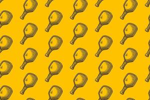 pickleball paddle doodle seamless pattern on yellow background. pickleball bat engraving pattern background. retro pickleball racket background for pickleball sport merchandise vector