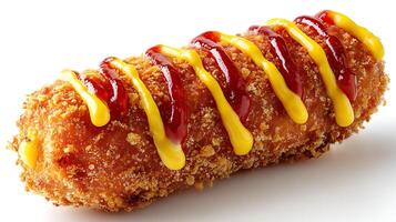crispy korean corn dog with sugar coating and sauce on a white background stock photo