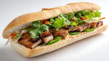 high-quality stock photo of vietnamese banh mi with grilled pork and fresh toppings on white background