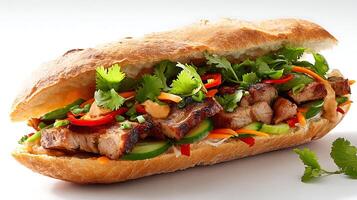 a high-quality stock photo of vietnamese banh mi with grilled pork and fresh toppings on white background