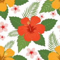 Seamless pattern hibiscus blooms with leafy accents2 vector