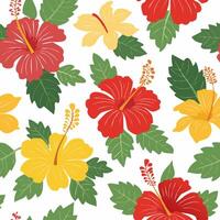 Seamless pattern hibiscus blooms with leafy accents vector
