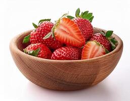 Fresh Juicy Strawberries in Rustic Wooden Bowl for Summer Recipes photo