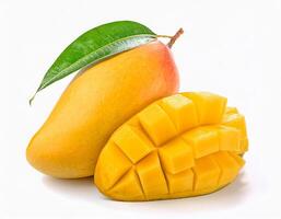 Ripe yellow mango fruit with green leaf and diced mango chunks isolated on white background photo