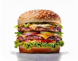 Delicious Double Cheeseburger with Sesame Seed Bun Lettuce Tomato and Pickles photo