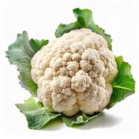 Fresh Cauliflower Head with Green Leaves Isolated on White Background Perfect for Healthy Cooking Recipes photo