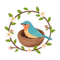 Bird Nestled in a Flowering Tree vector