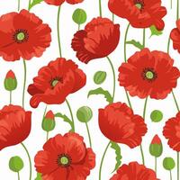 Seamless pattern painterly red poppies with green stems vector