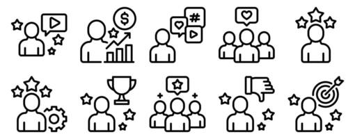 Influencer Icon Set Line Style Collection representing social media presence and digital engagement suitable for marketing campaigns content creation and branding platforms vector