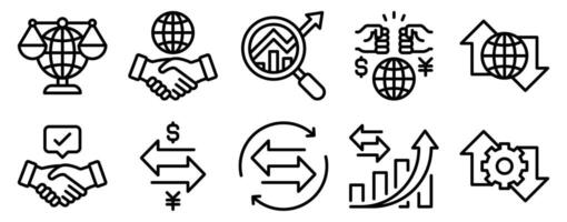 Fair Trade Icon Set Line Style Collection representing ethical commerce and sustainable sourcing suitable for advocacy campaigns product labeling and educational materials vector