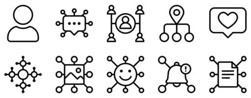 Social Network Icon Set Line Style Collection representing online connections and digital communication suitable for social media platforms community building and networking applications vector