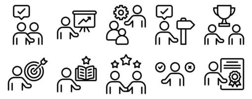 Mentoring Icon Set Line Style Collection representing guidance support and skill development suitable for education leadership training and personal growth programs vector