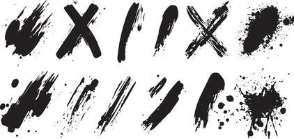 Abstract Brush Stroke and Ink Splatter Set, Grunge Paint Marks, Bold X Strokes, and Artistic Blots for Urban Design and Digital Art vector