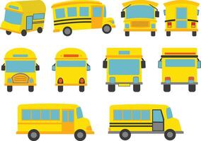 A collection of school bus illustrations from various angles, for educational materials, transport designs, children content, and school-related visuals. vector