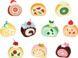 A delightful illustration of fruity roll cakes with colorful swirls and fresh fruit toppings. Perfect for dessert menus, bakery branding, food themed designs, and cute culinary visuals. vector