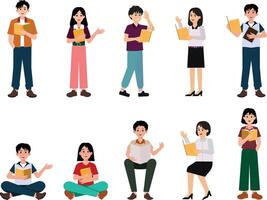 A charming set of illustrations featuring student characters reading books in various poses, for educational content, literacy campaigns, school materials, and learning-themed designs. vector