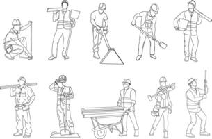 A clean and minimal set of line style illustrations featuring construction workers in various tasks and poses, for engineering projects, labor day visuals, and architectural content. vector