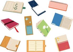 A collection of notebook and journal illustrations featuring different styles, open and closed views. For stationery designs, educational materials, productivity visuals, and personal planning themes. vector